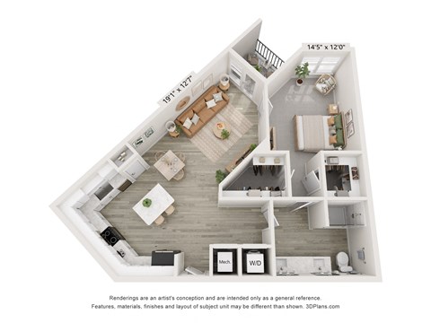 Floor plan for 1 bed, 1 bath, 954 sqft